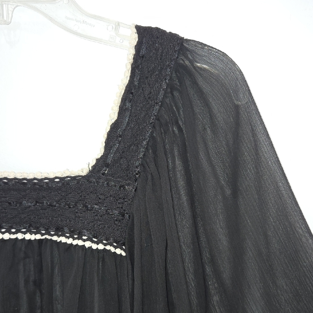 Black Sheer Boho Whimsigoth Fairycore Witchy Tunic Top w/Cream Crochet Trim - Picture 2 of 7